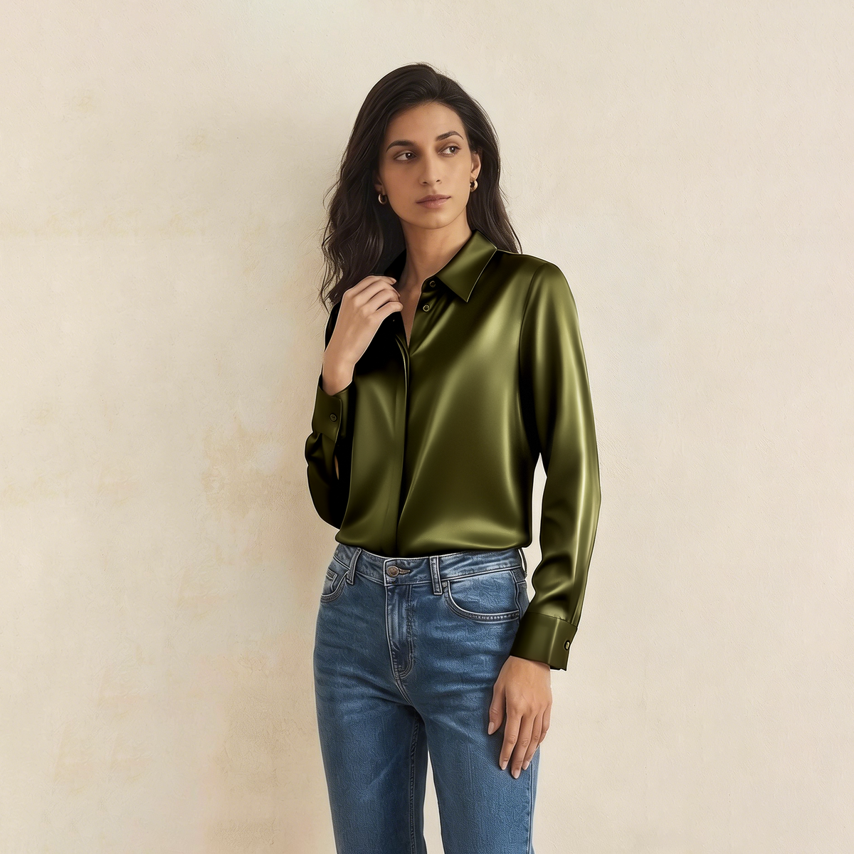 Versatile Elegance Stretch Silk Blouse#color Army Green