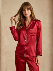 19 Momme Classic Silk Long Sleeve Long Pants Pajama Set#color_Red
