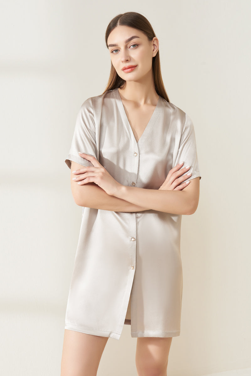 Large V collarless short sleeve dress