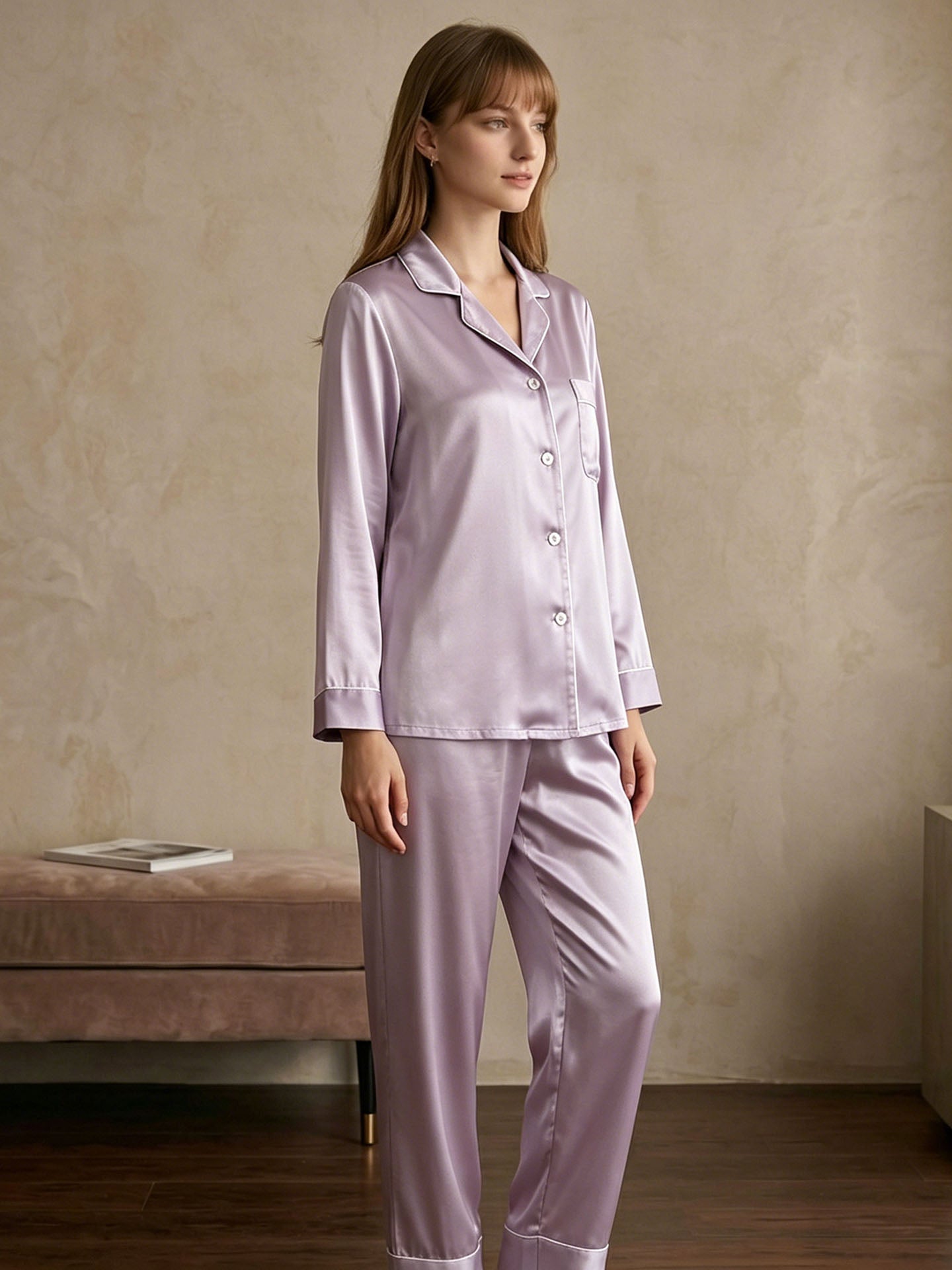 19 Momme Classic Silk Long Sleeve Long Pants Pajama Set#color_Lilac