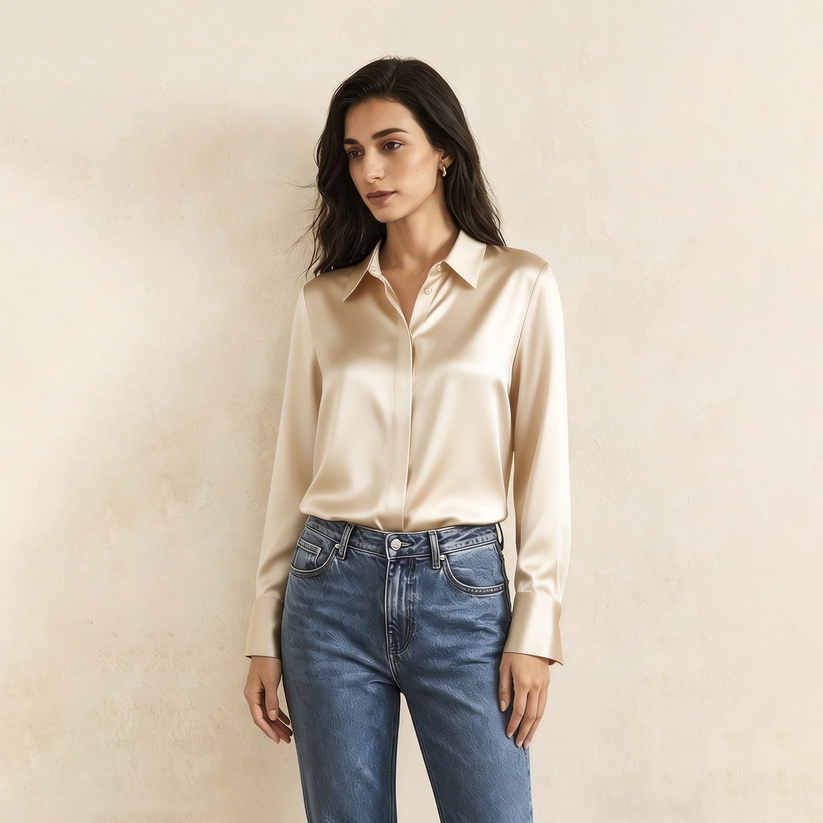 Versatile Elegance Stretch Silk Blouse#color Champagne