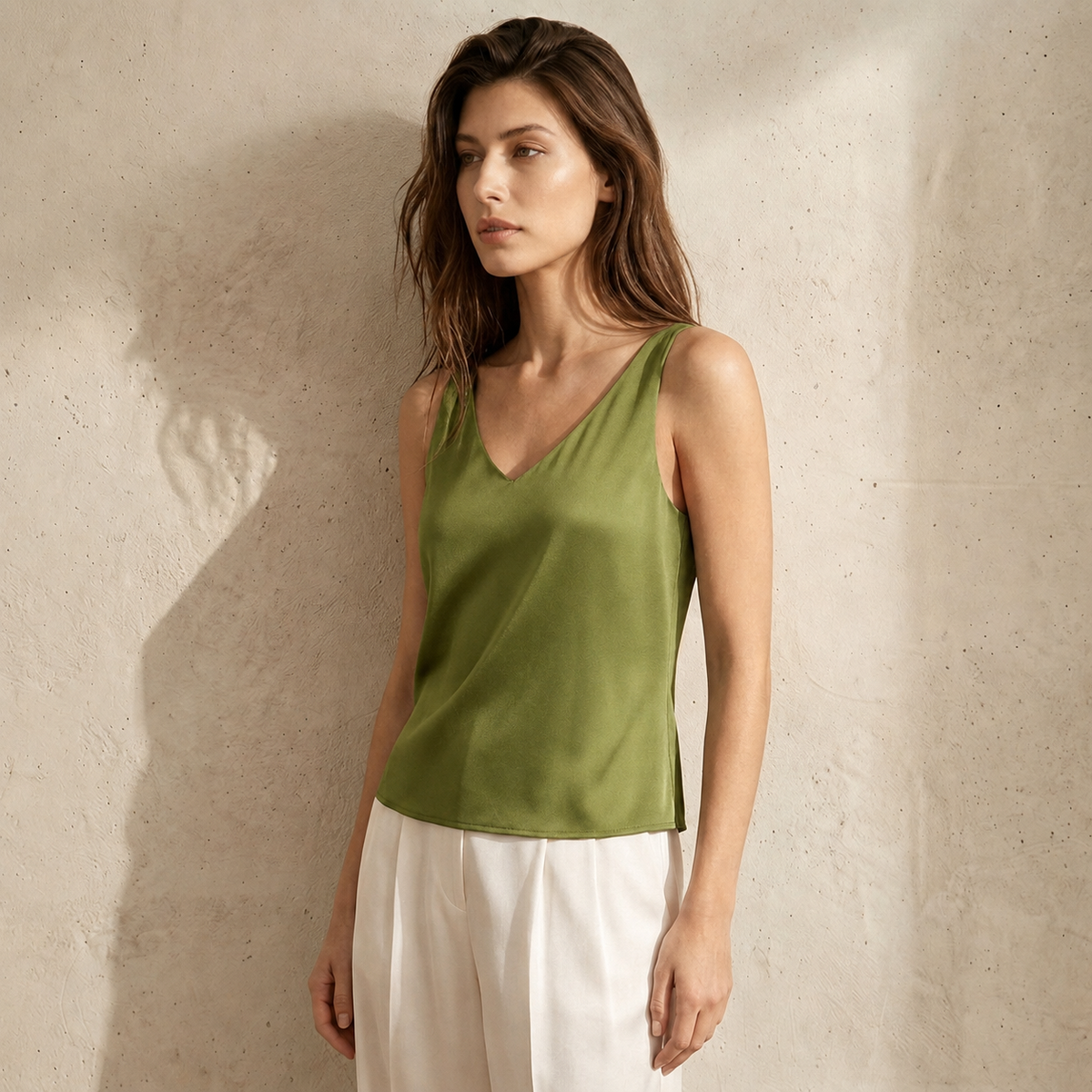 Silk Crepe De Chine Casual Camisole Top#color_Brown green