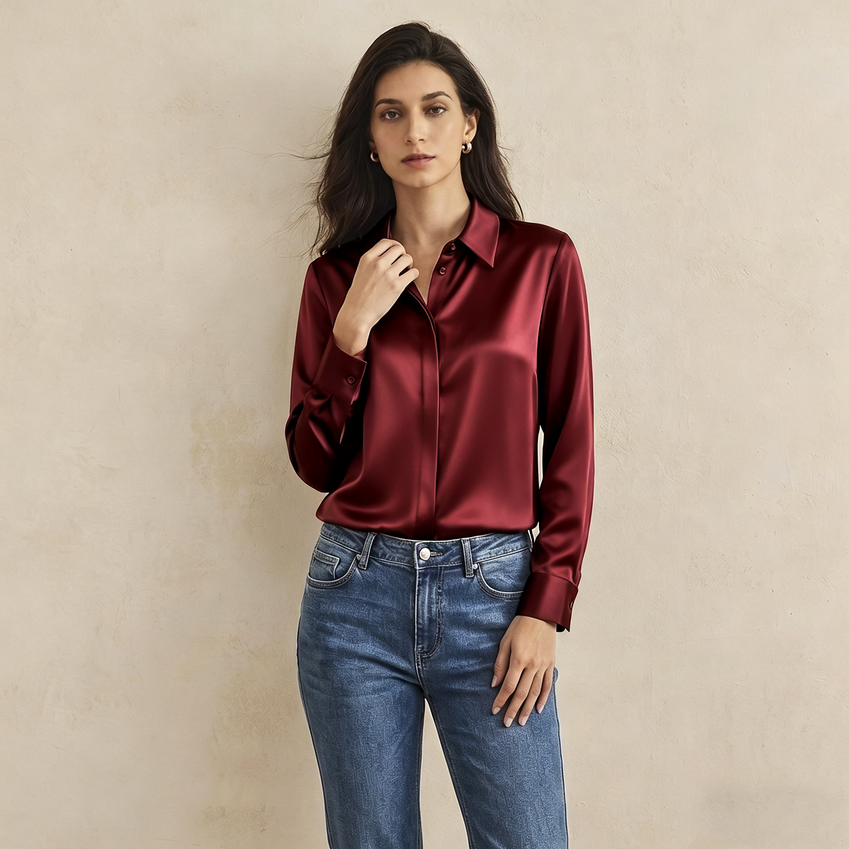 Versatile Elegance Stretch Silk Blouse#color Burgundy