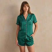 Pocket-style Short-sleeved Shorts Silk Suit#color_Dark Green