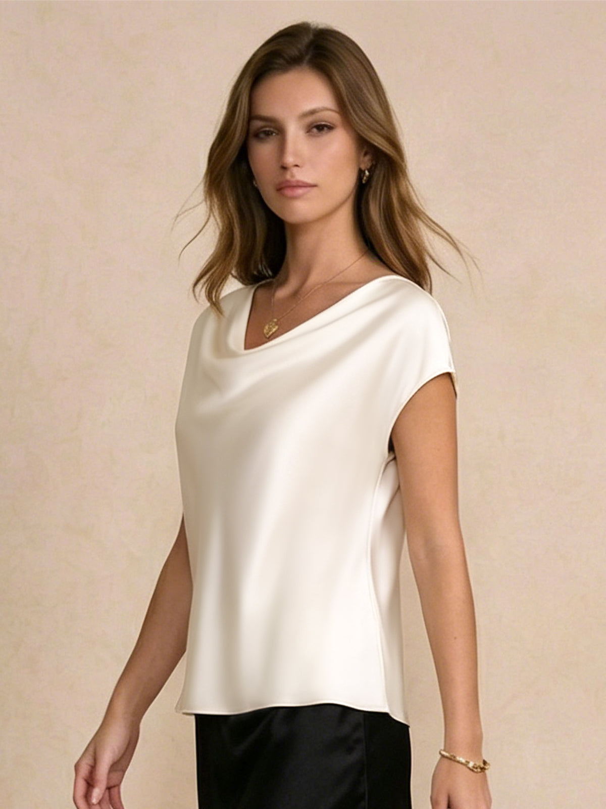 Silk Cowl Neck Cap-Sleeve Top#color_Ivory White