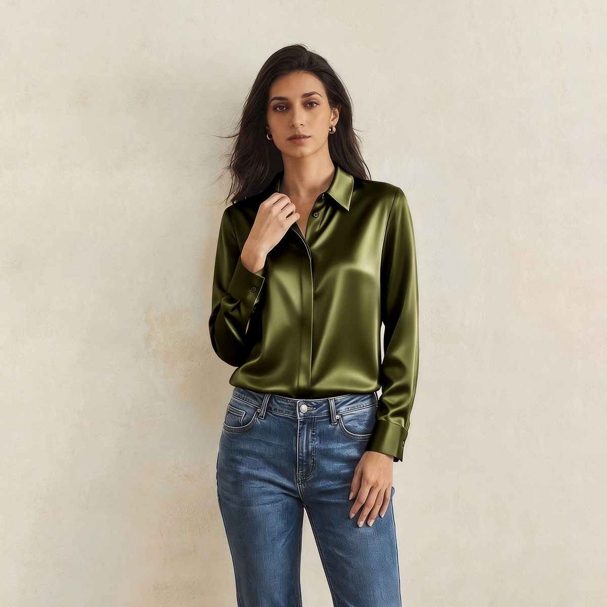Versatile Elegance Stretch Silk Blouse#color Army Green