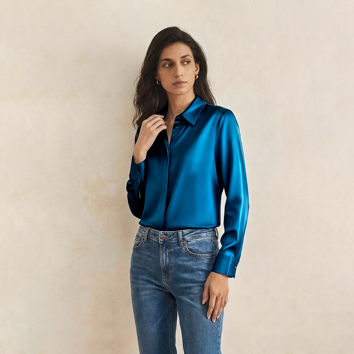 Versatile Elegance Stretch Silk Blouse#color Peacock Blue