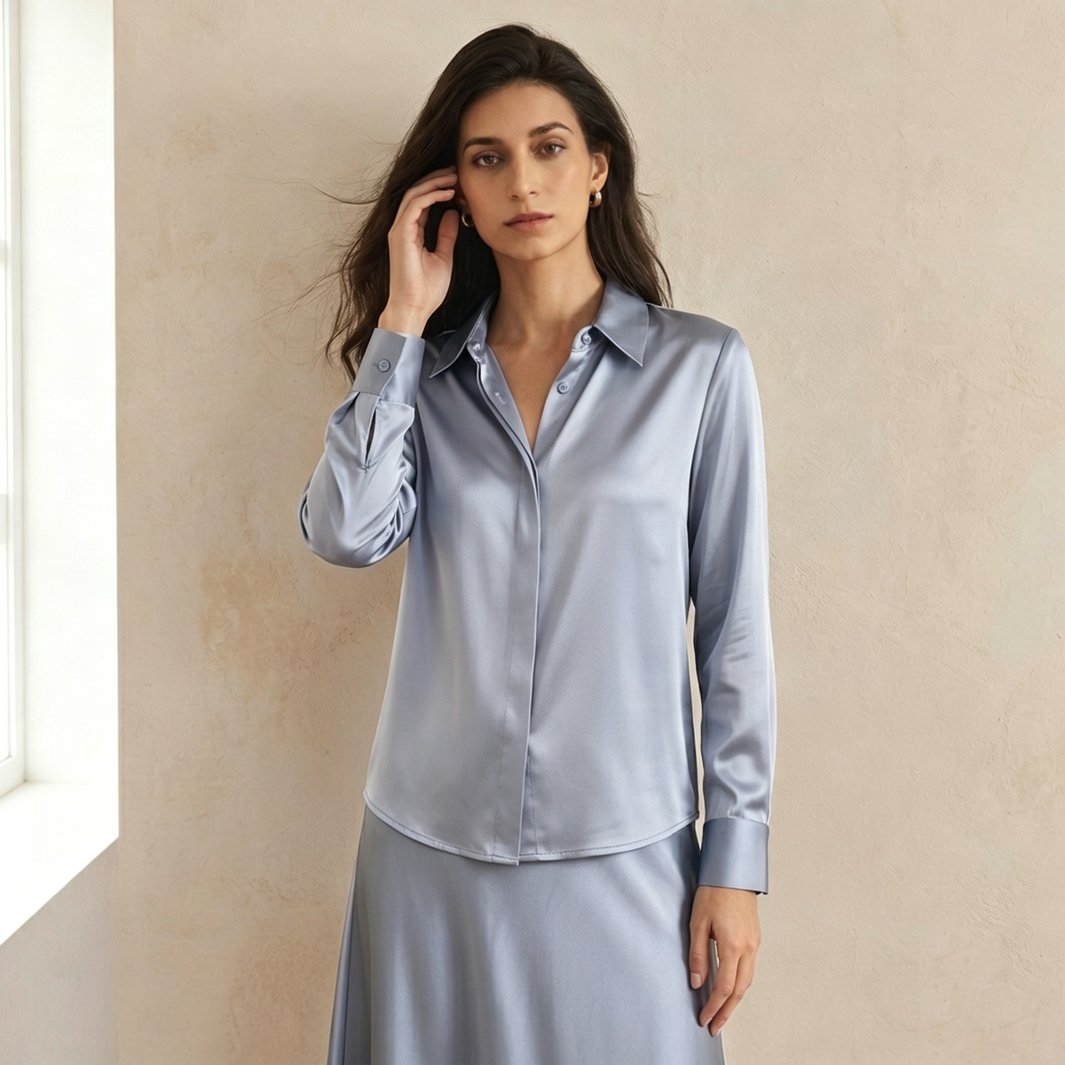 Versatile Elegance Stretch Silk Blouse#color Blue Grey