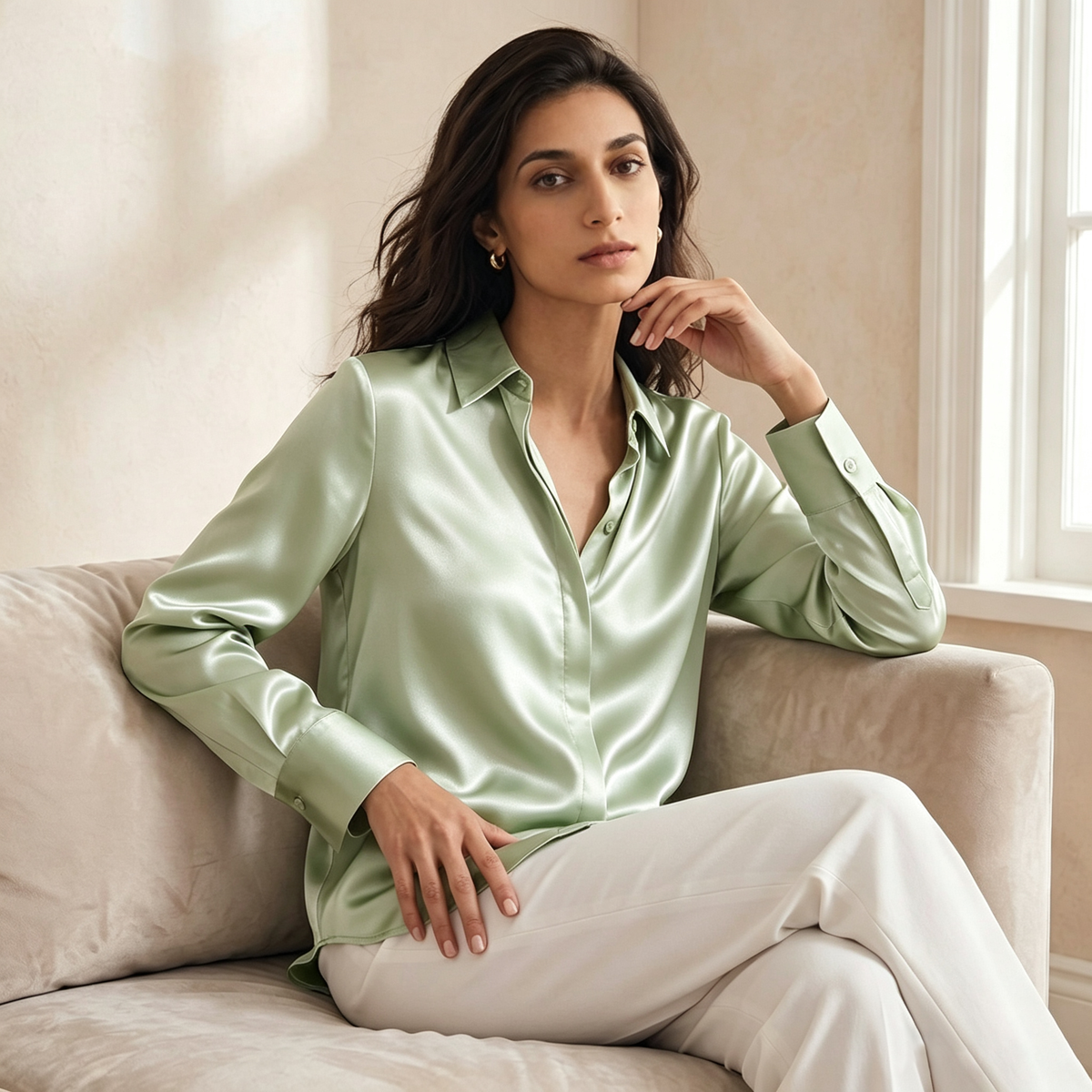 Versatile Elegance Stretch Silk Blouse#color Sage Green