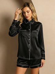 Rhinestone Long Sleeve Shorts Pajama Set#color_Black