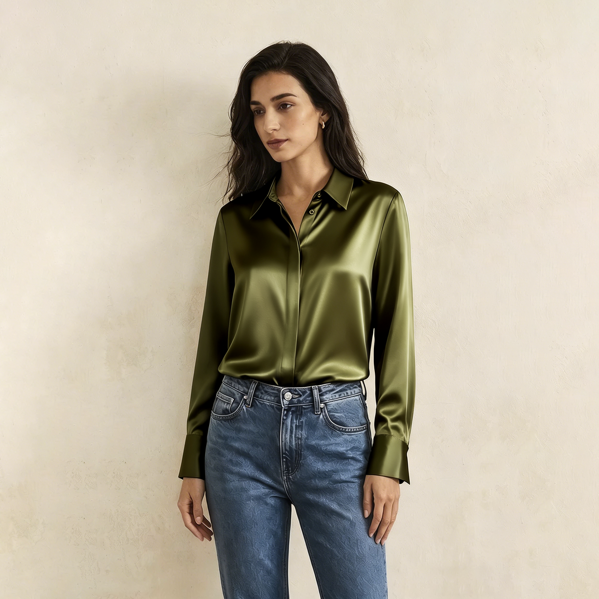 Versatile Elegance Stretch Silk Blouse#color Army Green