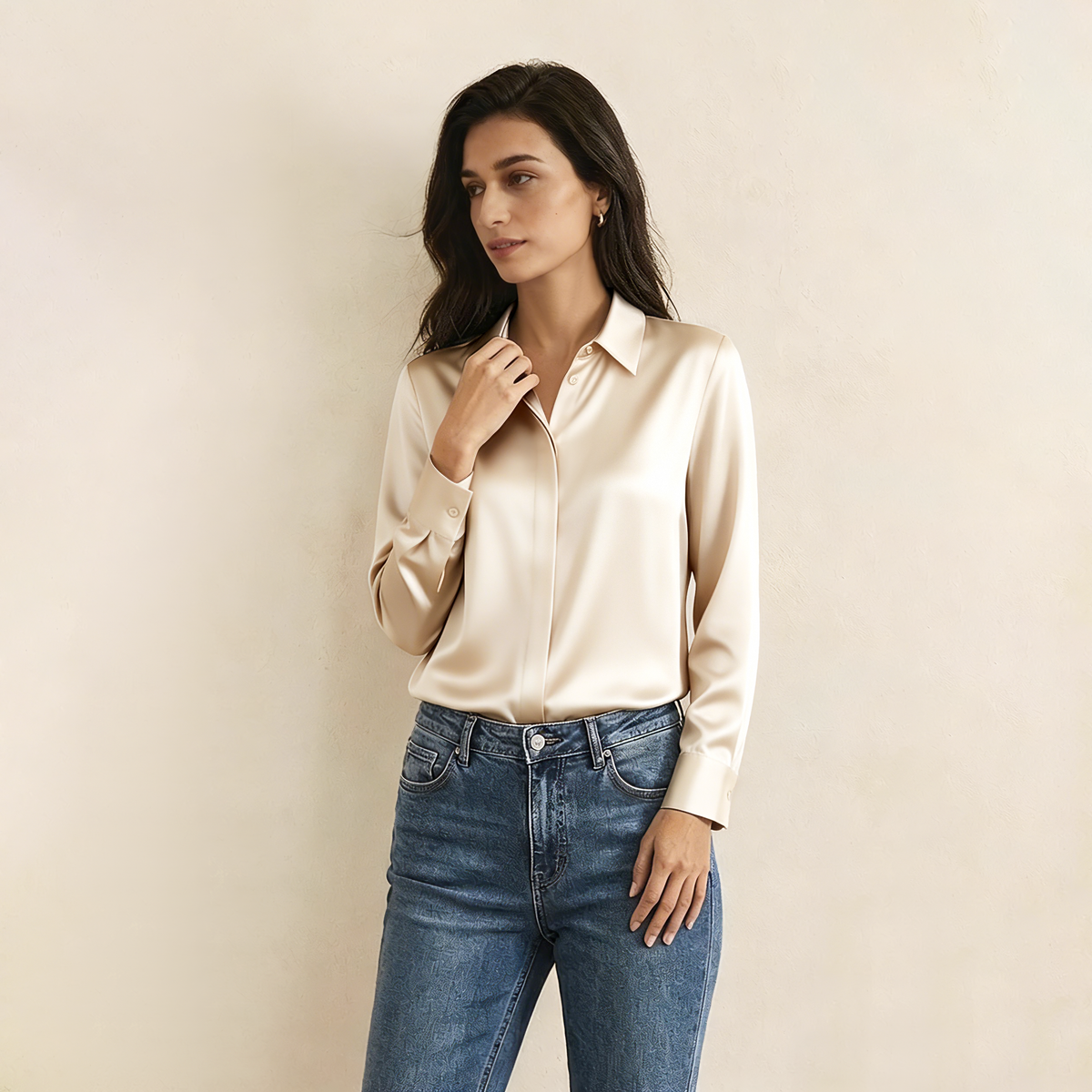 Versatile Elegance Stretch Silk Blouse#color Champagne