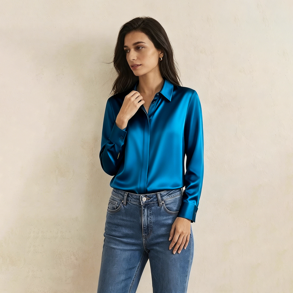 Versatile Elegance Stretch Silk Blouse#color Peacock Blue