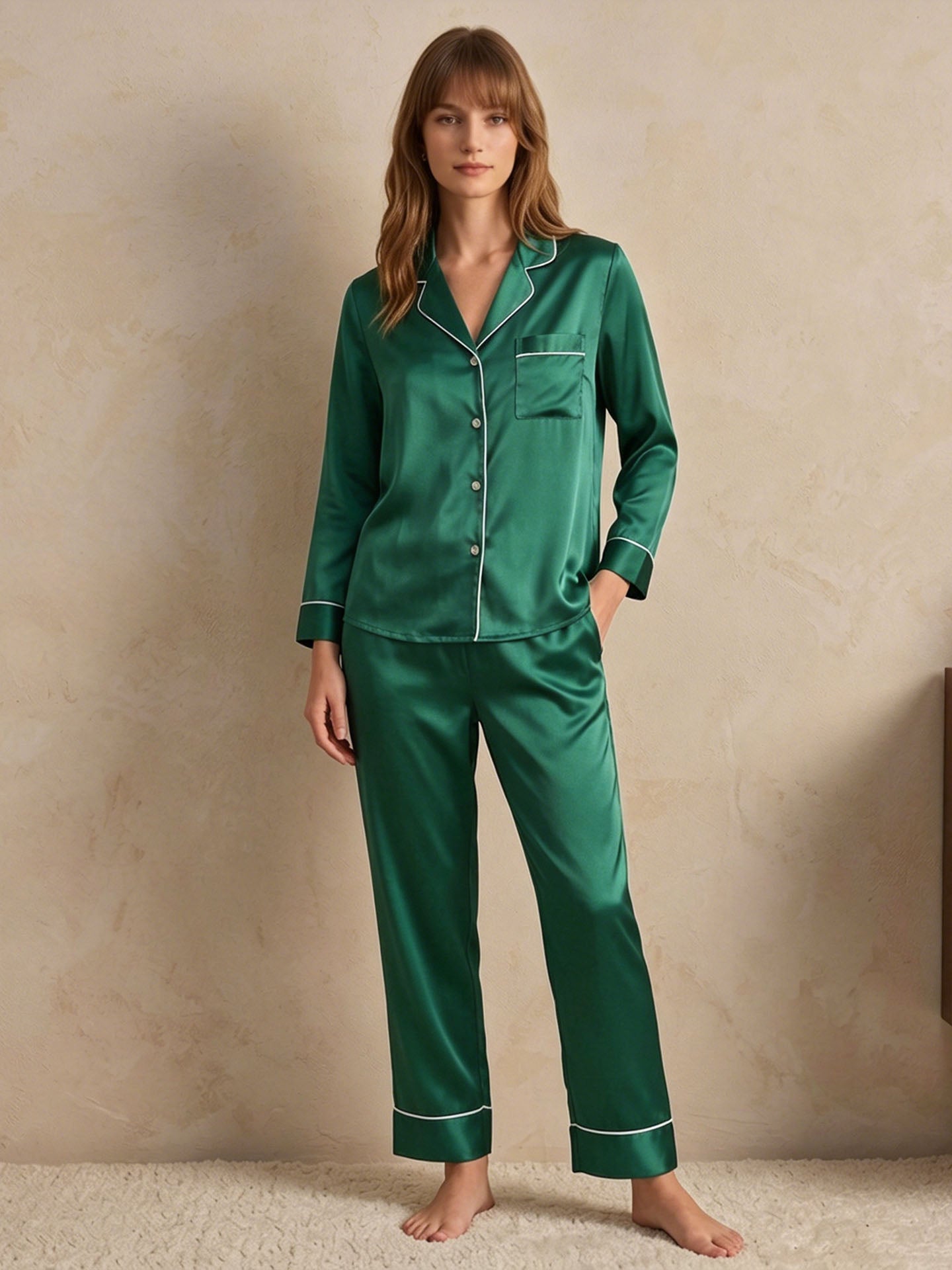 19 Momme Classic Silk Long Sleeve Long Pants Pajama Set#color_Dark Green