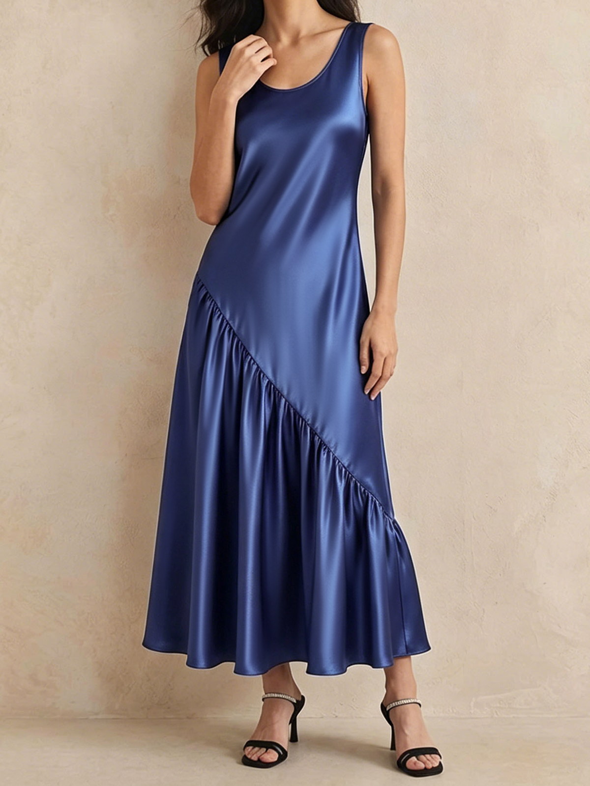 22 Momme Silk Ruffle Maxi Dress#color_Ocean Blue
