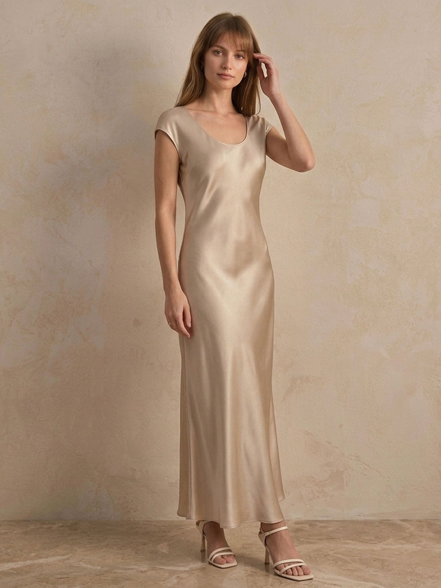 22 Momme Silk Cap Sleeve Dress #color_soft gray white