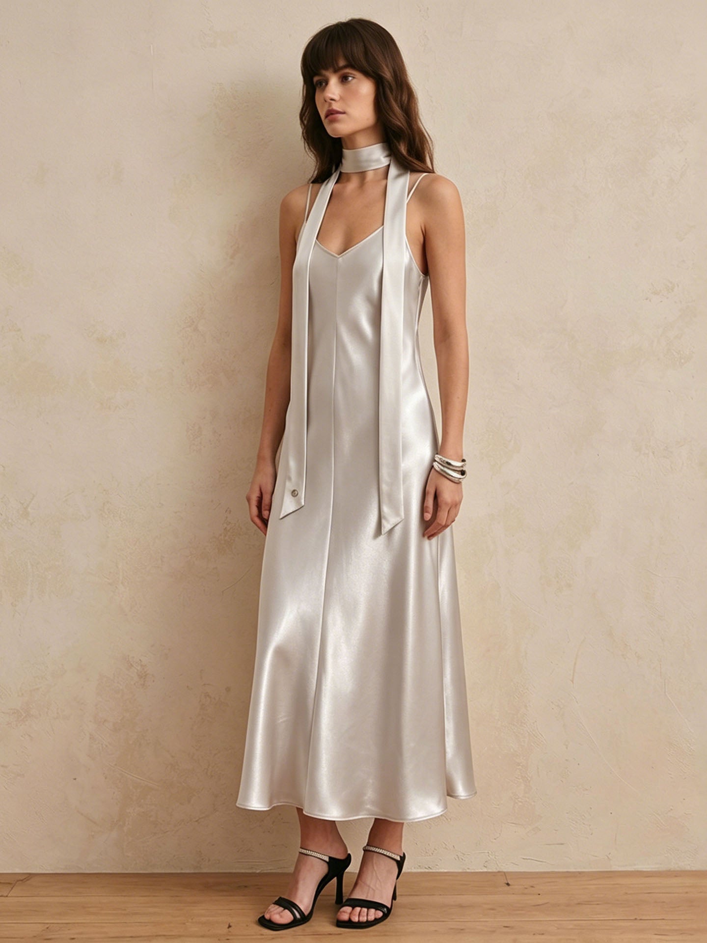 22 Momme Silk Slip Maxi Dress#color_Soft Gray White