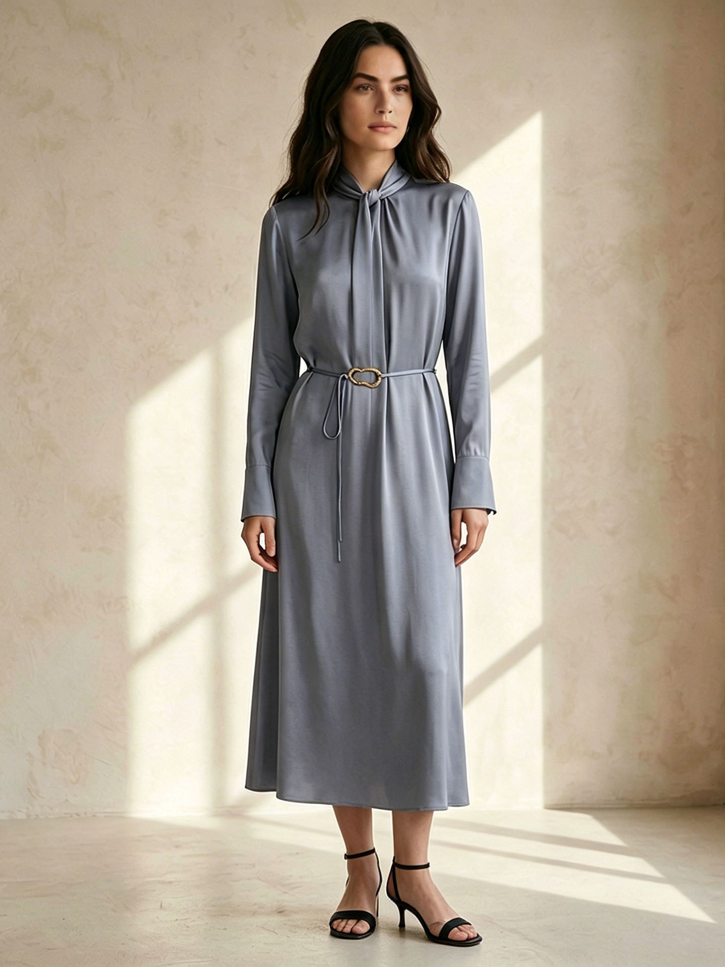 22 Momme Silk Tie Neck Dress #color_Indigo Gray