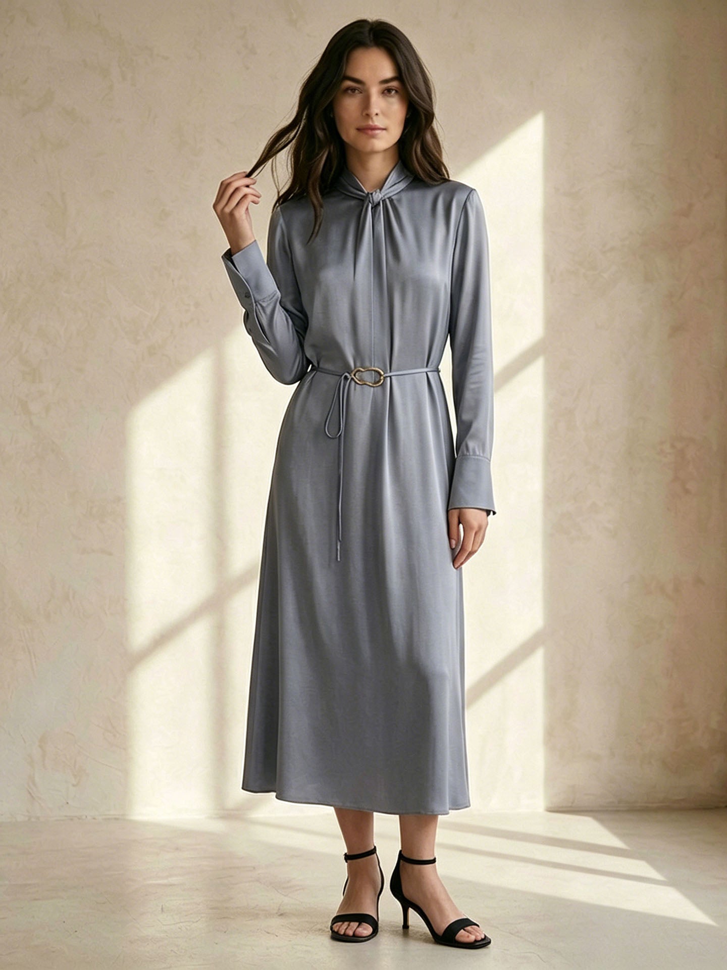 22 Momme Silk Tie Neck Dress #color_Indigo Gray