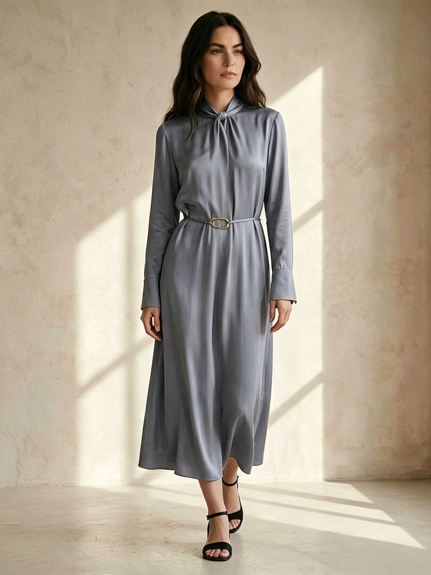 22 Momme Silk Tie Neck Dress #color_Indigo Gray