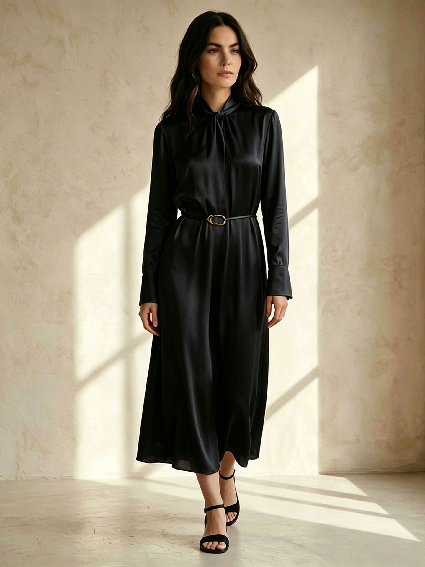 22 Momme Silk Tie Neck Dress #color_Black