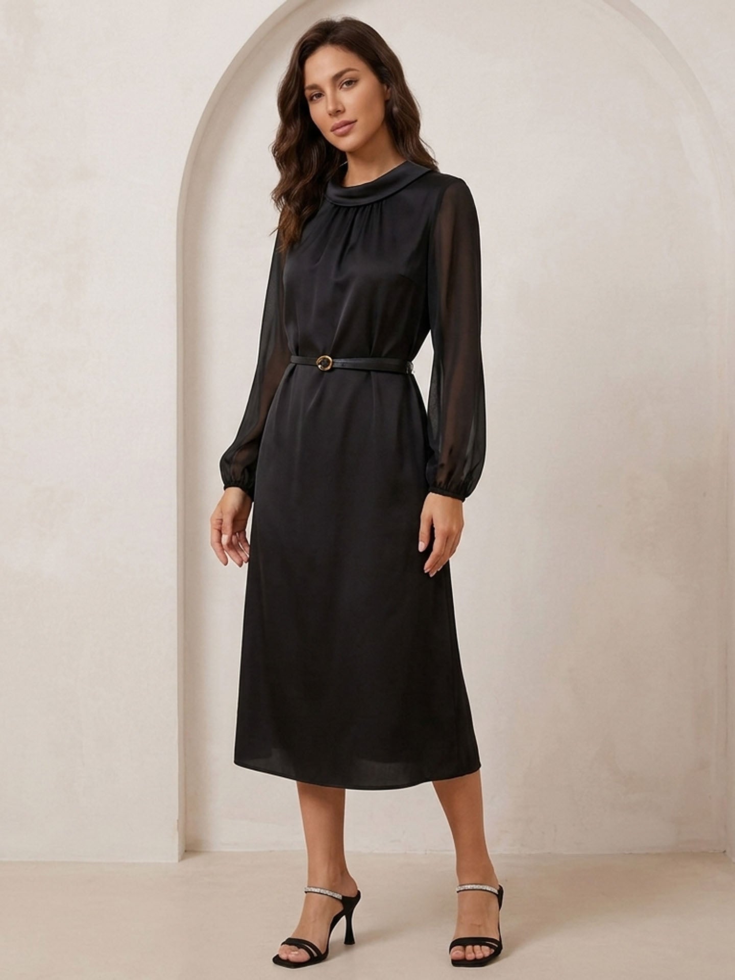 22 Momme Silk Sheer Sleeve Dress #color_Black