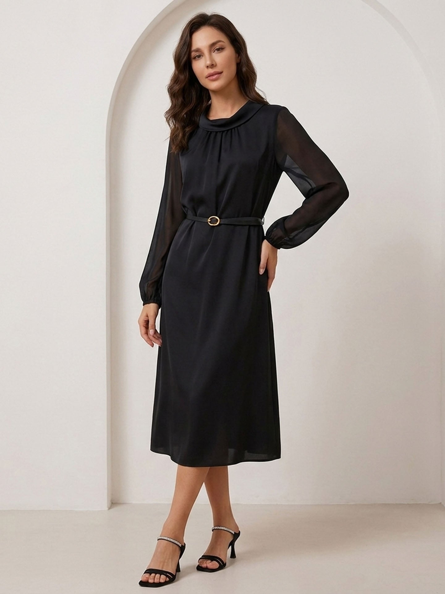 22 Momme Silk Sheer Sleeve Dress #color_Black