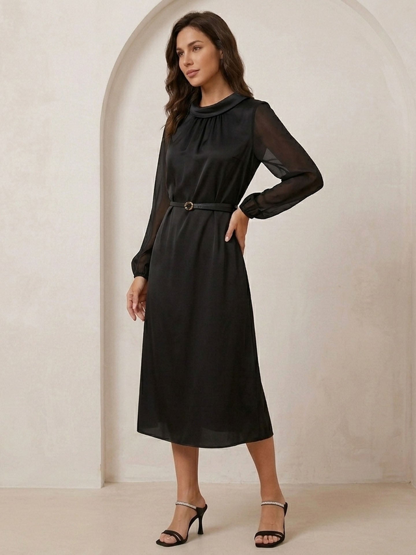 22 Momme Silk Sheer Sleeve Dress #color_Black