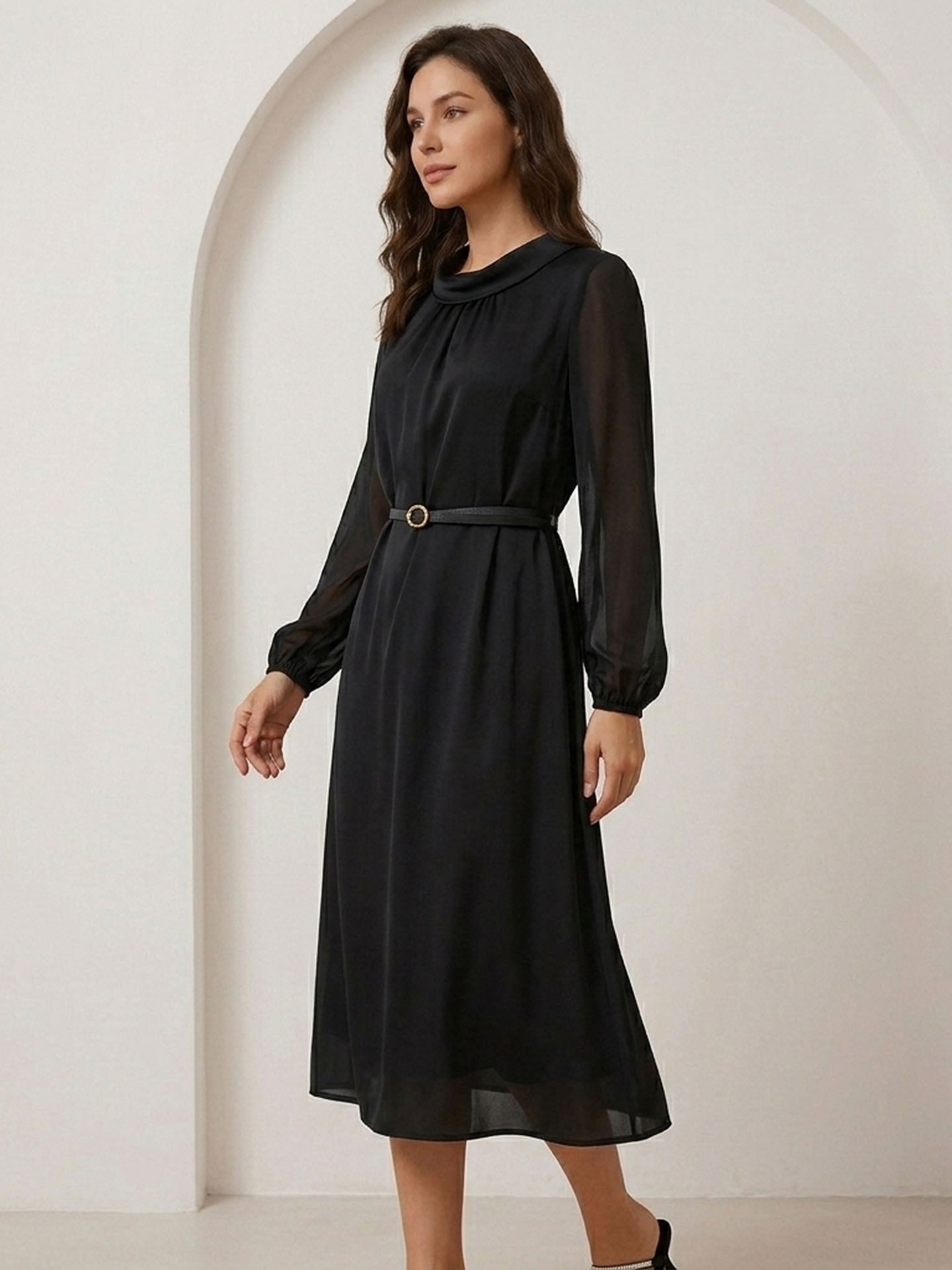 22 Momme Silk Sheer Sleeve Dress #color_Black
