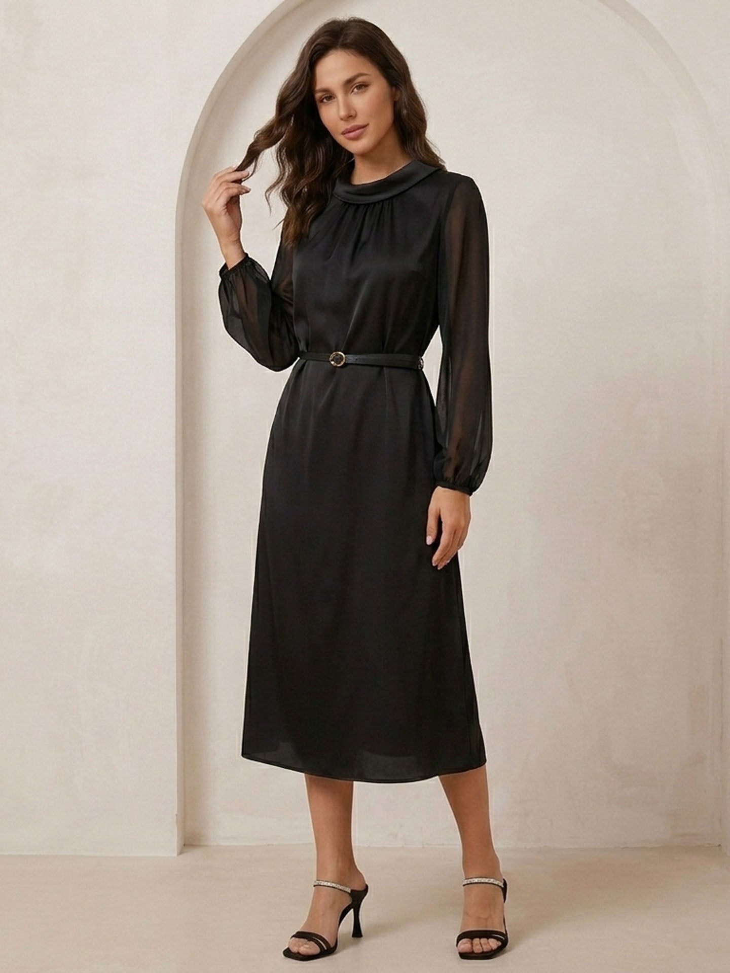 22 Momme Silk Sheer Sleeve Dress #color_Black