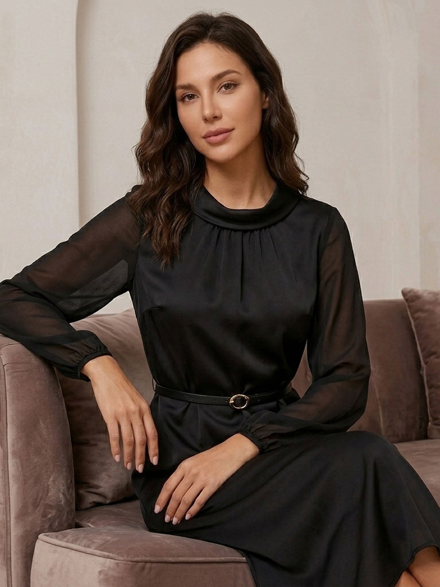 22 Momme Silk Sheer Sleeve Dress #color_Black