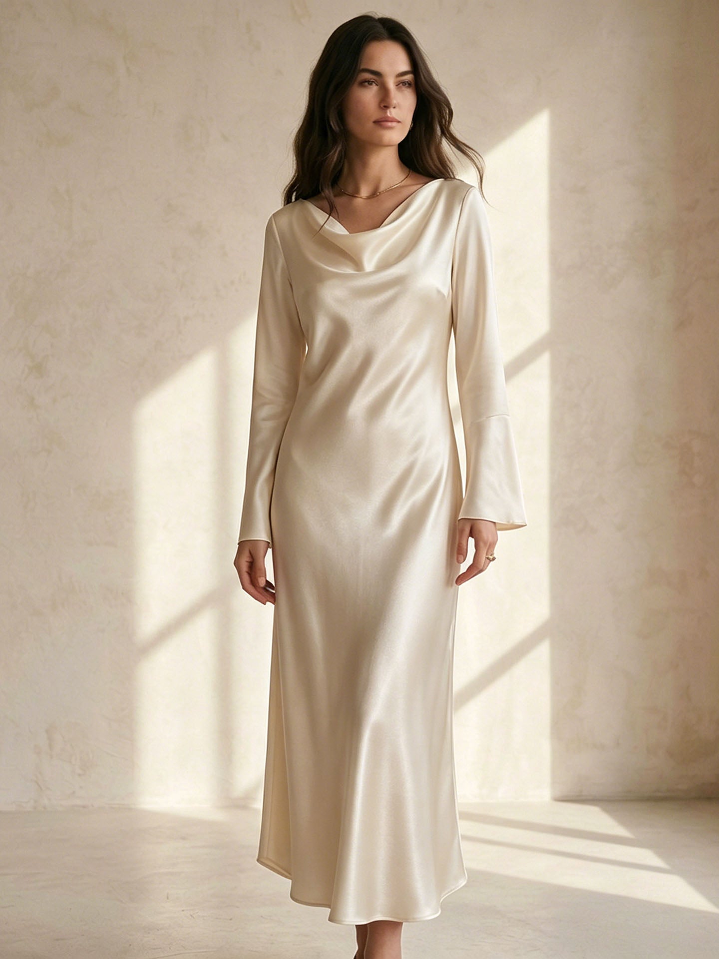 30 Momme Silk Cowl Neck Maxi Dress#color_Ivory White