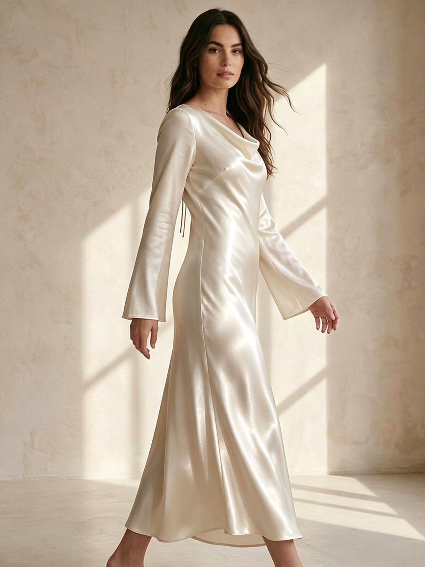 30 Momme Silk Cowl Neck Maxi Dress#color_Ivory White