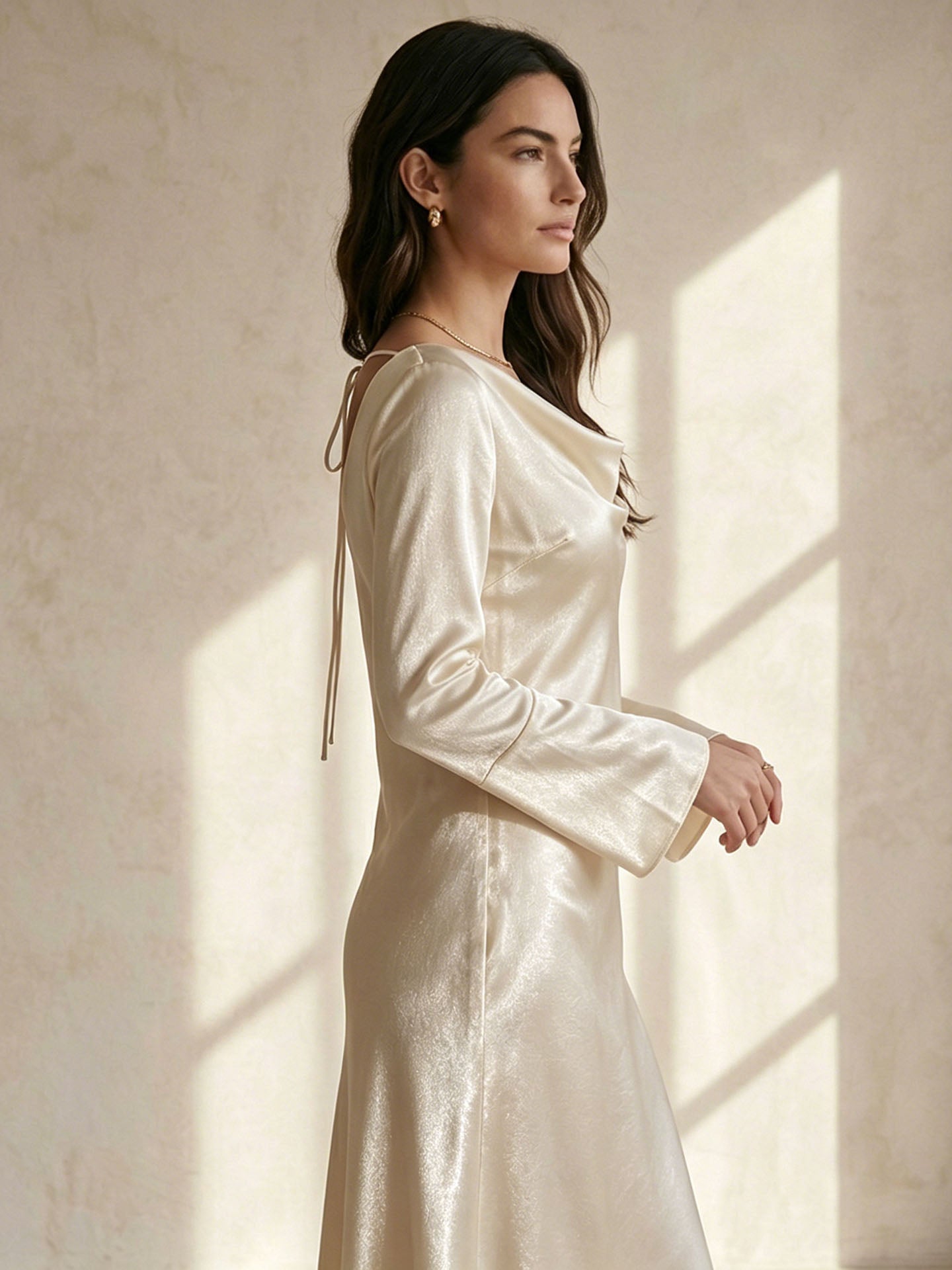 30 Momme Silk Cowl Neck Maxi Dress#color_Ivory White