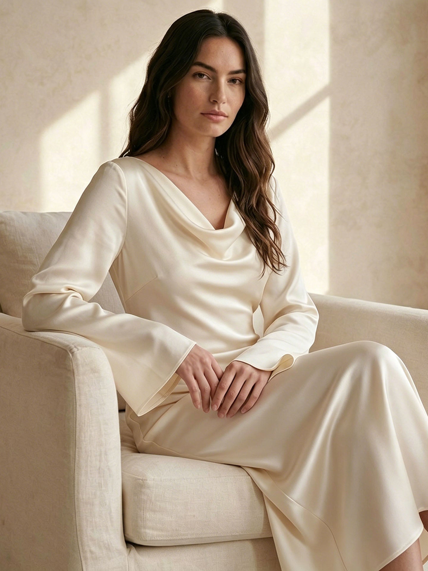 30 Momme Silk Cowl Neck Maxi Dress#color_Ivory White