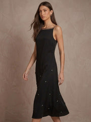 22mm Stretch Silk Beaded High Square Neck Midi Dress #color_Black
