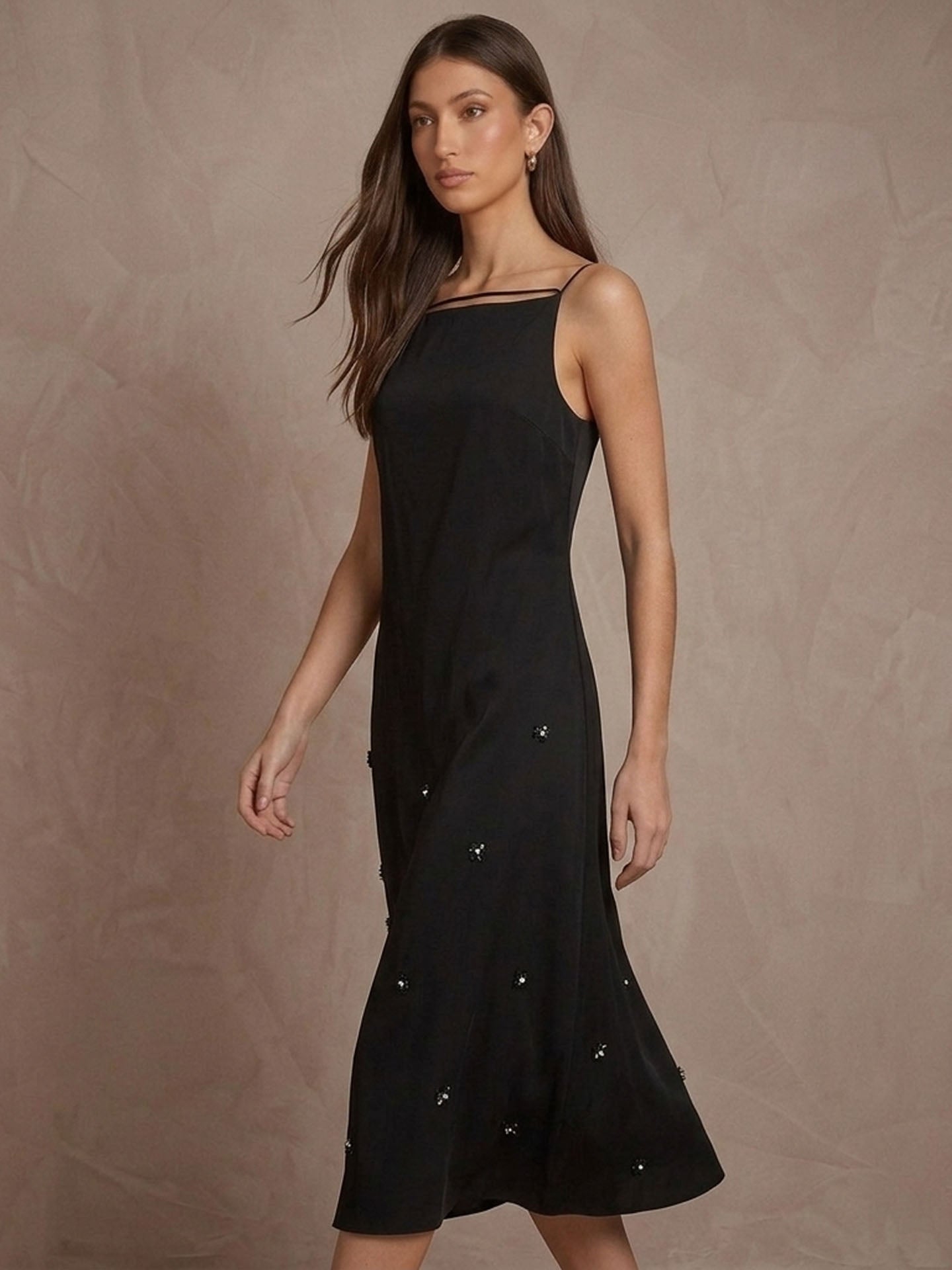 22mm Stretch Silk Beaded High Square Neck Midi Dress #color_Black