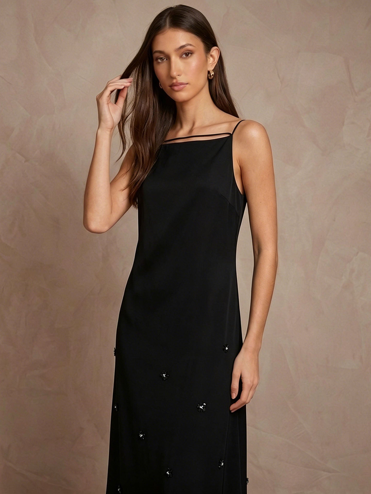 22mm Stretch Silk Beaded High Square Neck Midi Dress #color_Black