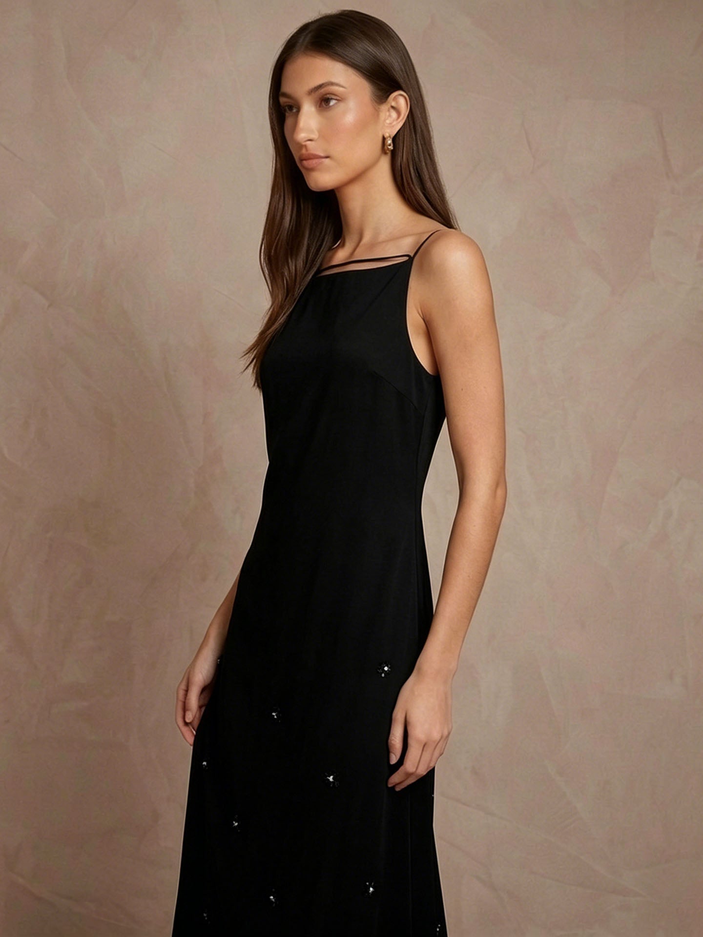 22mm Stretch Silk Beaded High Square Neck Midi Dress #color_Black