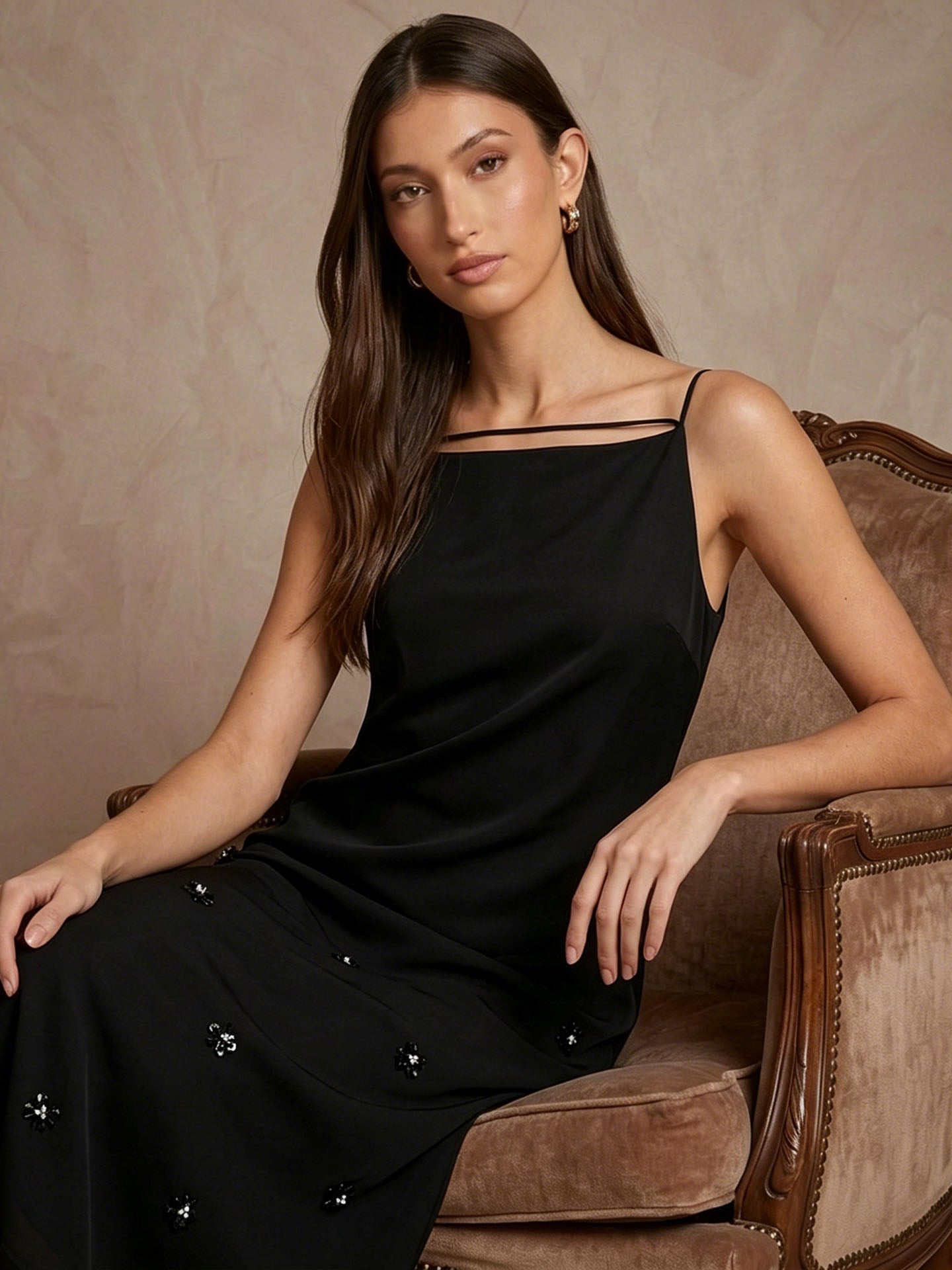 22mm Stretch Silk Beaded High Square Neck Midi Dress #color_Black