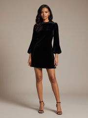 Silk Velvet Lantern Sleeve Mini Dress#color_Black