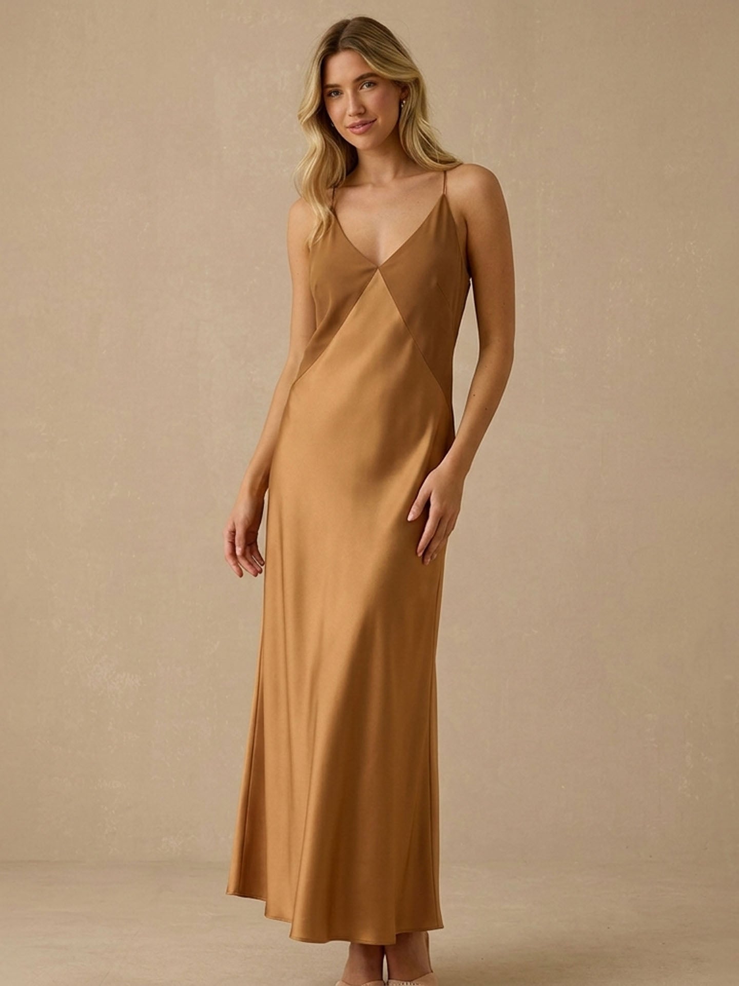 Beaded Strap Silk Satin and Georgette Maxi Dress#color_Caramel