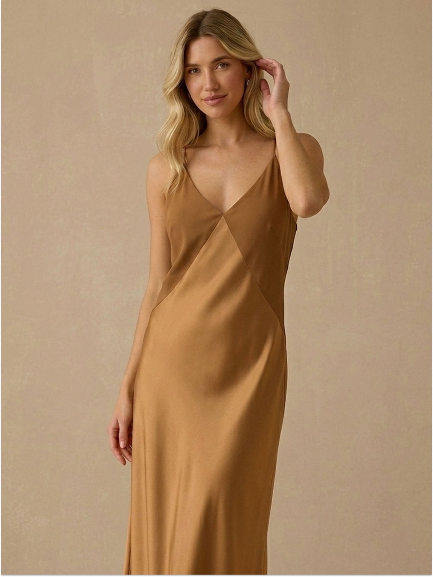 Beaded Strap Silk Satin and Georgette Maxi Dress#color_Caramel