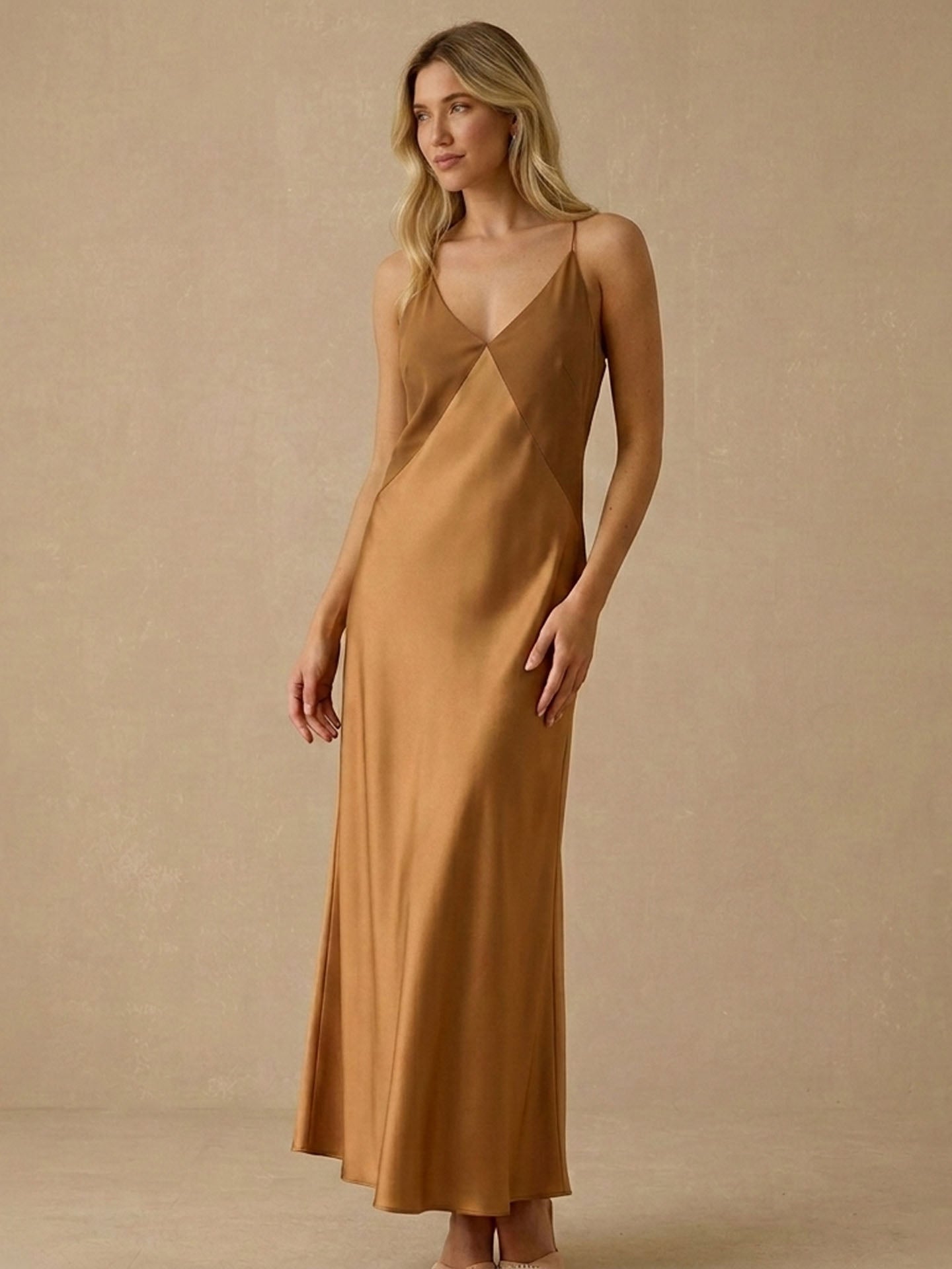 Beaded Strap Silk Satin and Georgette Maxi Dress#color_Caramel