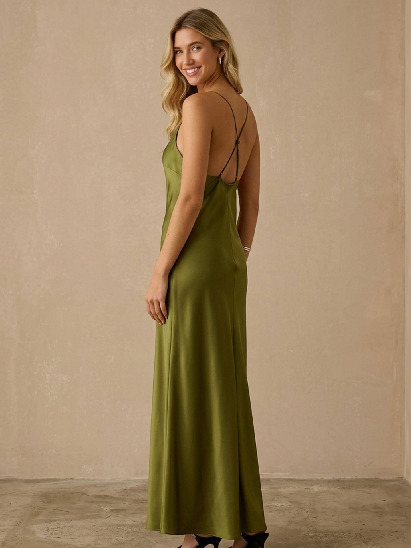 Beaded Strap Silk Satin and Georgette Maxi Dress#color_Dark Olive