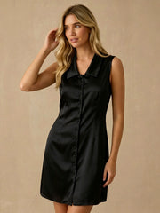 Sleeveless Waist-Defined Silk Satin Shirt Dress#color_Black