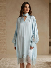 Lace Trim Silk Satin Lantern Sleeve Dress#color_Baby Blue