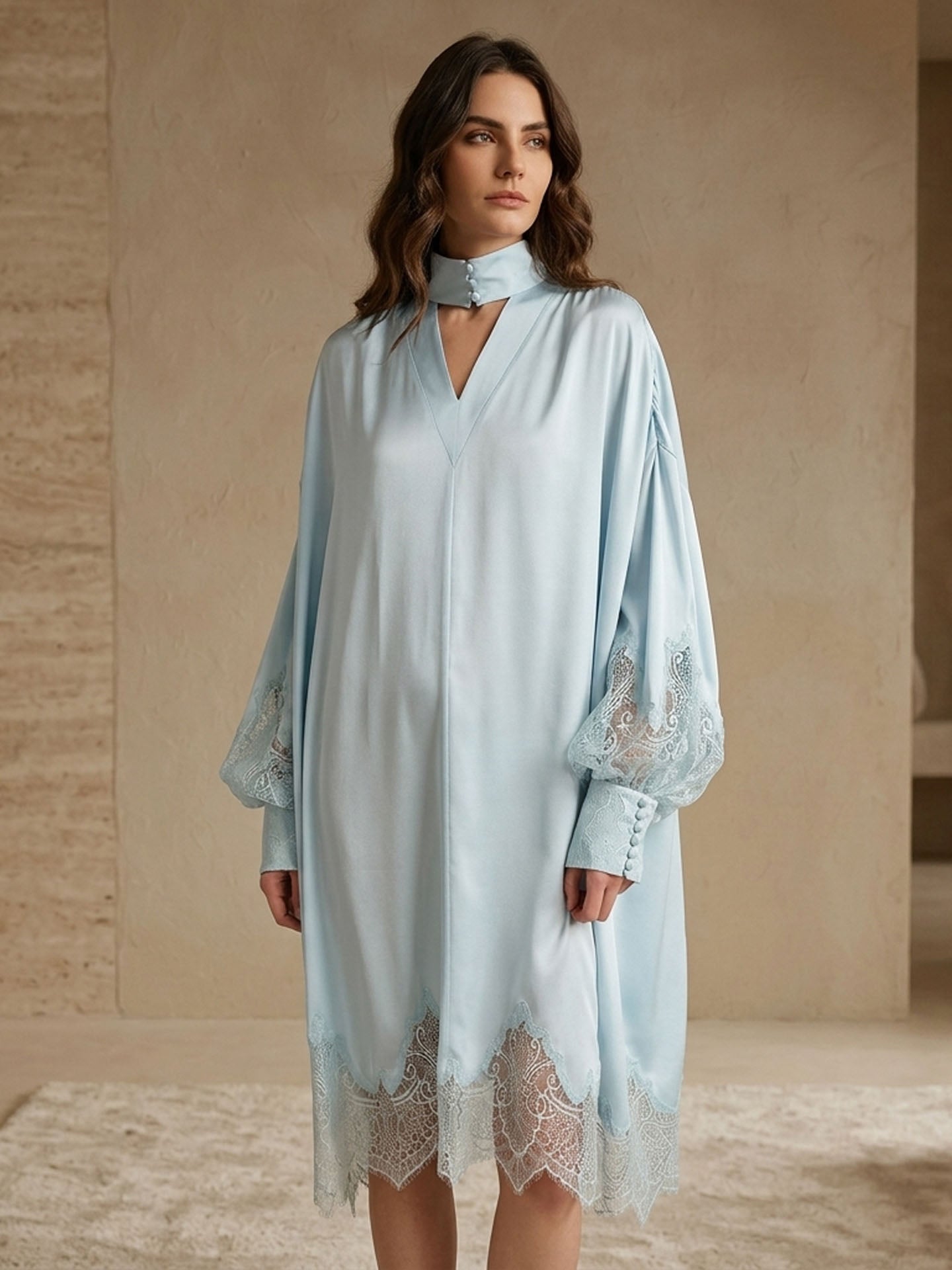 Lace Trim Silk Satin Lantern Sleeve Dress#color_Baby Blue