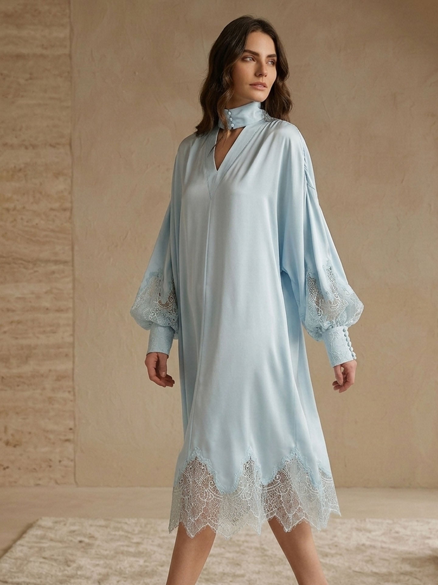 Lace Trim Silk Satin Lantern Sleeve Dress#color_Baby Blue