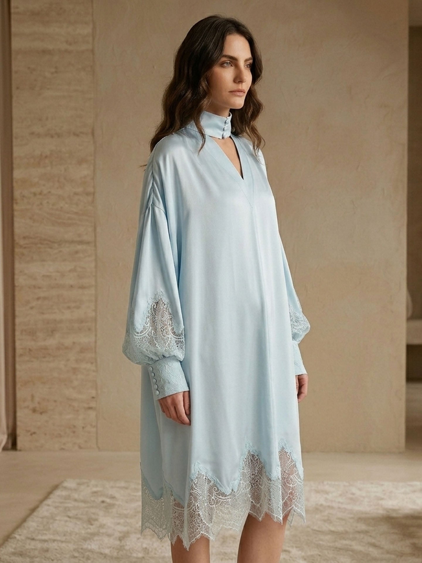 Lace Trim Silk Satin Lantern Sleeve Dress#color_Baby Blue